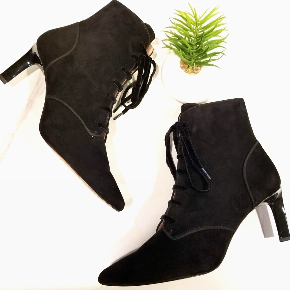 AD & Daughters Black Suede Lace Up Zip Ankle Boots Pointed Toe Heels Womens